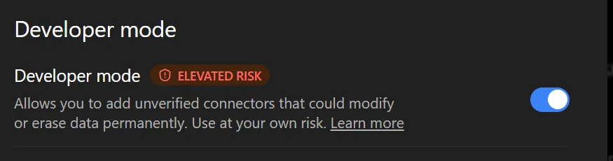 ChatGPT's Security and login settings, with the Developer mode toggle switched on next to an "elevated risk" badge.