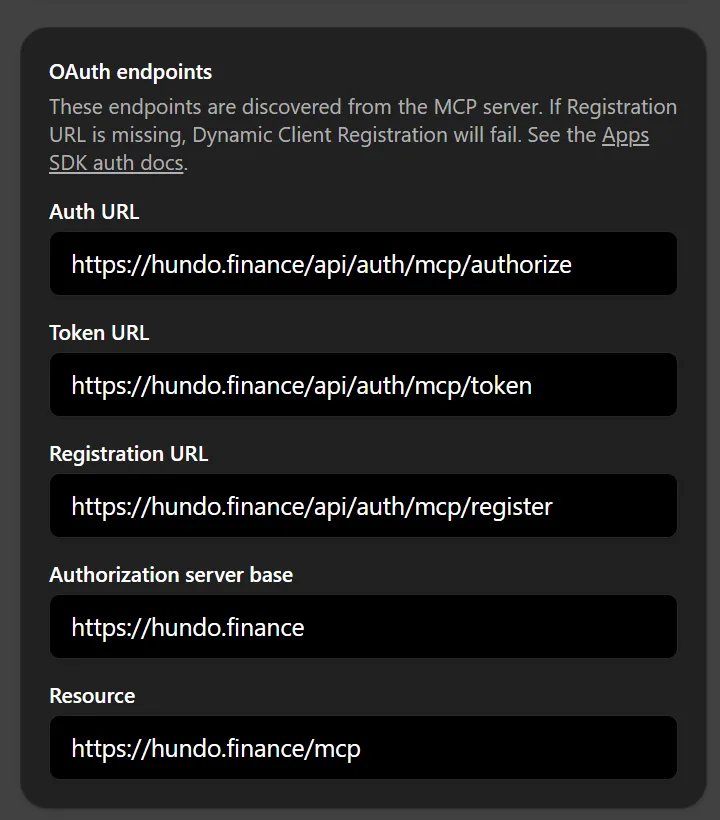 The discovered OAuth endpoints panel, listing Hundo's auth, token and registration URLs, the authorization server base and the resource, all filled in automatically.