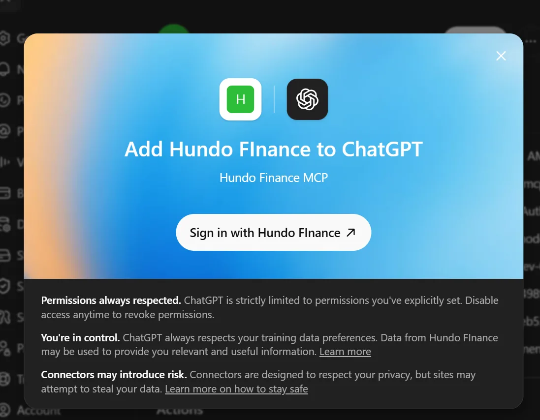ChatGPT's "Add Hundo Finance to ChatGPT" card with a Sign in with Hundo Finance button.